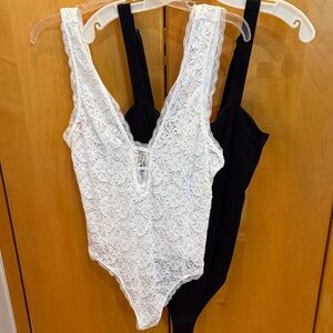 2 Free People White Lace Bodysuit and Black Bodysuit